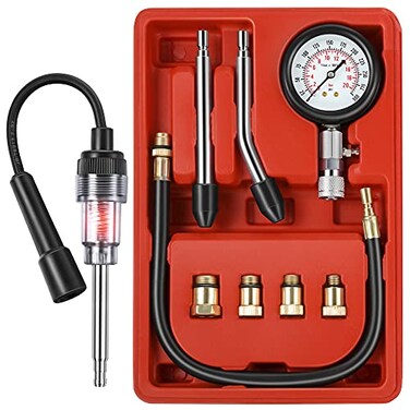 Fiada 9 Pieces Automotive Compression Tester Kit and Spark Plug Tester Universal Car and Motorcycle Engine Testing Tools for Cylinder Pressure Gauge Red