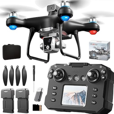 QAONIE KY102 Drone with Screen Controller with SD card Brushless Motor Optical Flow Localization Active Obstacle Avoidance 2 batteries One Key Take OffLanding 2 batteries Black