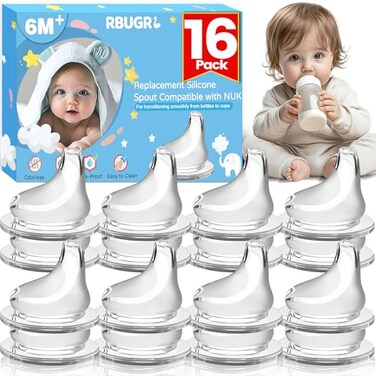 RBUGR 16 Pack Replacement Silicone Spout Compatible with NUK Active and Learner Cups 100 Silicone Sippy Nipples for 6m Sippy Cup Nipple for NUK Learner Cup