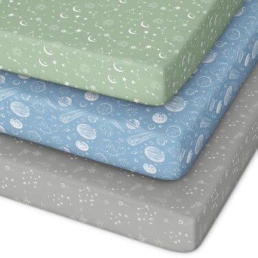 Unnivoll Pack and Play Sheets Fitted 3 Pack Mini Crib Sheets for Pack N Play Mattress Stretchy Portable Playard Sheets Soft Breathable Green Gray Constellation