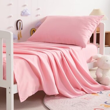 NTBAY Toddler Sheet Set 3Piece Microfiber Crib Sheet Set Flat Sheet Fitted Sheet Pillowcase Solid Toddler Bedding Pink