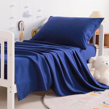 NTBAY Toddler Sheet Set 3Piece Microfiber Crib Sheet Set Flat Sheet Fitted Sheet Pillowcase Solid Toddler Bedding Navy Blue