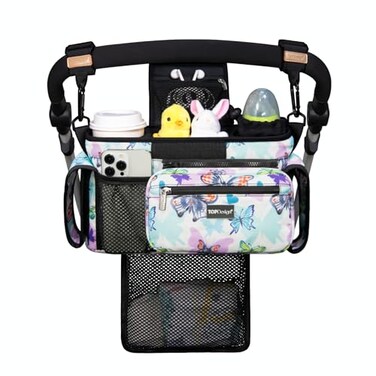 TOPDesign Universal Baby Stroller Organizer Stroller Caddy with Detachable Mesh Bag Heightened Insulated Cup Holders NonSlip Secure Hooks Accessories Fits Most Strollers Butterfly