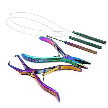 G4 VISION Professional Hair Extension Beading Tool Kit Remove Plier Set for beads 4 Piece ILink Micro Ring Loop Needle Pulling Hook Threader Wire for Silicone Rings Multi