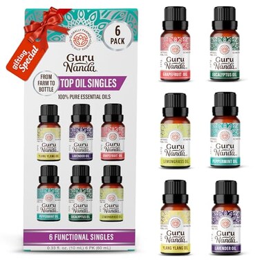 GuruNanda Essential Oils Set 6 Pack 10mL Each Lavender Peppermint Eucalyptus Lemongrass Grapefruit Ylang Ylang 100 Natural Aromatherapy Oils for Diffuser Massage DIY Candle Making