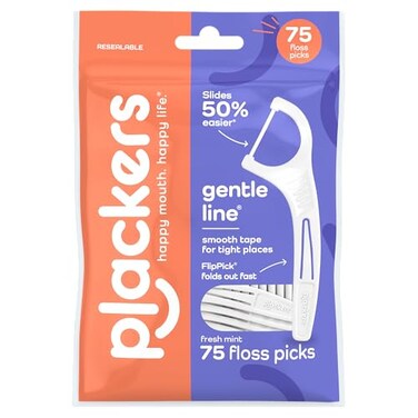 Plackers Gentle Line Floss Picks Super Soft GentleSlide Fiber Made Without PTFE Slides Easily Between Teeth Fresh Mint 75 Count
