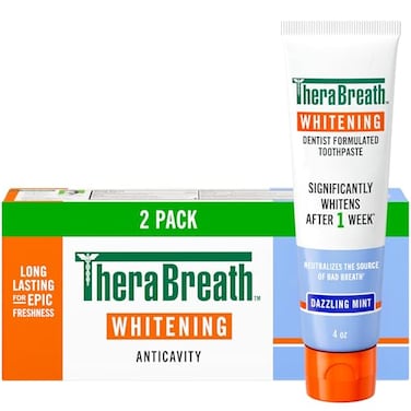 TheraBreath Whitening Toothpaste Gentle PeroxideFree Teeth Whitening in 1 Week 3 with Fluoride for Anticavity Protection Dazzling Mint 4 Oz 2Pack