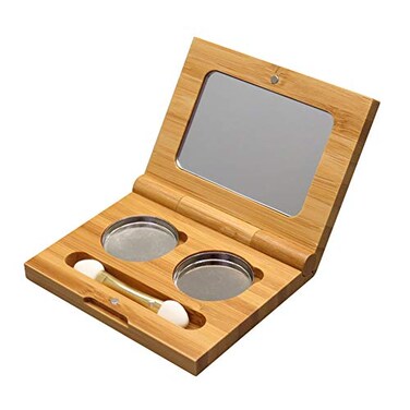 lasenersm 1 Piece Bamboo Empty Eye Shadow Case Box Double Grid Tinplate Palette Pans Bamboo Eyeshadow Case Magnetic Eyeshadow Palette Cosmetics Organizer Container with Makeup Brush for Eye Shadow Blu