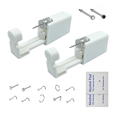 GCHSSS 2 Pack Nose Piercing Kit Disposable Safe Sterile Piercing Unit For Self Nose Piercing Gun Nose Stud Tool with Free 10 Nose Rings WhiteBlack