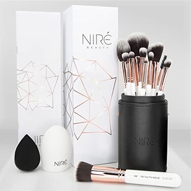 NirÃ Nir Beauty White 15piece Award Winning Professional Makeup Brush Set Vegan Makeup Brushes with Case Makeup Sponge Cleaner Guide Gift Box