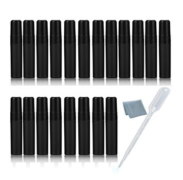 Elfenstall Cool Black 25pcs 5ml 16OZ Atomizer Empty Matte Plastic Fine Mist Spray bottle Refillable Fragrance Perfume Scent Sample Bottle for Travel Party Makeup Tool