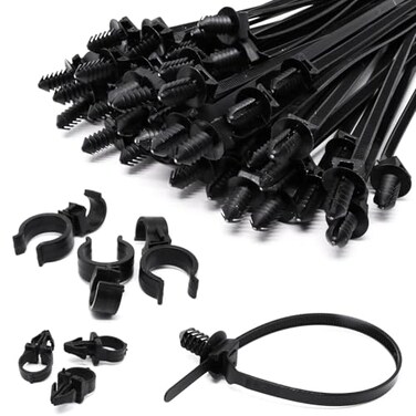 S SYDIEN Push Mount Zip Ties 50Pcs Heavy Duty Black Wire Zips Tie Mounts 2 in 1 Nylon Self Locking Push Mount Cable Zip Tie for Engine Bay Wire Harness Indoor Wires Tying 83x02