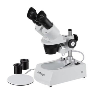 AmScope SE306RPZ Forward Binocular Stereo Microscope WF10x and WF20x Eyepieces 10X80X Magnification 2X and 4X Objectives Upper and Lower Halogen Light Source Pillar Stand 120V White
