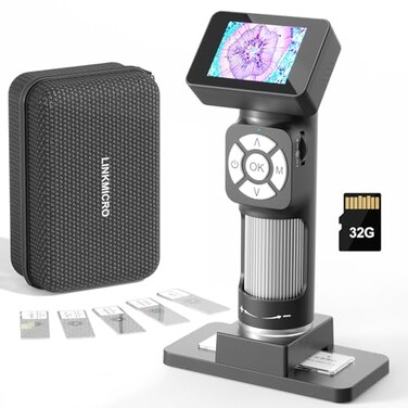 LINKMICRO LM112 Microscope for Kids Adults Handheld with 2 Screen 500X Portable Microscope Kit with Case USB Magnifier with 8 LED Light 5pcs Biological Slides 32G