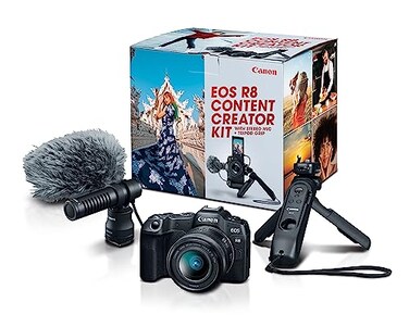 Canon EOS R8 Content Creator Kit FullFrame Hybrid Mirrorless Camera with Tripod Stereo Microphone 242 Megapixel CMOS Image Sensor 4K Video RF Mount Vlogging Camera Black