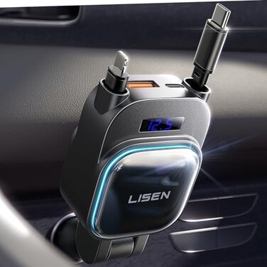 LISEN 96W 4 in 1 Retractable Car Charger with USB C Lightning Cable for iPhone 17 Pro Max 16 15 14 13 12 Samsung Galaxy S25 S24 Android Fast Charging Cigarette Lighter Adapter