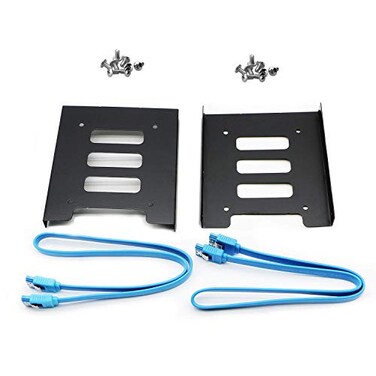 PASOW 2 Pack 25 to 35 SSD HDD Hard Disk Drive Bays Holder Metal Mounting Bracket Adapter for PC Bracket Blue Sata III Cables