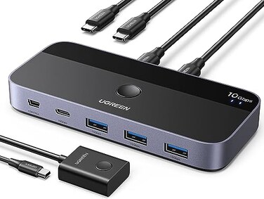 UGREEN USBC Switch 2 Computers Share 4 USB 32 Ports 10Gbps Switcher Selector for PC Laptop Keyboard Mouse Sharing Switch Adapter with 2 USBC to C Data Cables and Remote