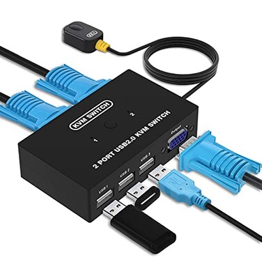 DGODRT USB VGA KVM Switch for 2 PC Sharing 1 Video Monitor and 3 USB Devices Keyboard Mouse Scanner Printer for Laptop PC Windows Mac OS System
