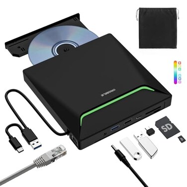 ORIGBELIE New External CD DVD Drive Cool DVD Burner USB 30 with Ethernet Adapter 3 USB and 2 TFSD Card Ports CD DVD Player Reader Writer Optical Disc Drive for Laptop MacBook PC Windows Linux Mac OS