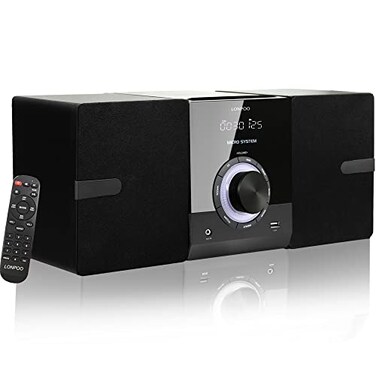 LONPOO Compact Stereo System Speakers with CD Player Bluetooth FM Radio Auxin USBin Earphone Jack DSPTech Remote 30W CrispSound Shelf Stereo System for Home LP886