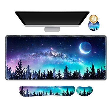 AIMSA Large Gaming Mouse Pad Set Keyboard Wrist Rest Support Extended Mouse Pad Mouse Wrist Cushion Coaster Ergonomic Memory Foam Multifunctional Desk Mat 35x157inch Forest Moon Sky