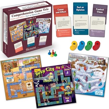 Really Good Stuff Comprehension Board Game Trio 3 Games Cause and Effect Fact or Opinion Context Clues Grades 45