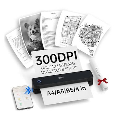 iDPRT Portable Thermal Printer 300DPI InklessBluetooth Small Mobile Printers Wireless for Travel Office Vehicles Home Use Supports 85 x 11 US Letter A4 A5 Compatible with iOS Android PC