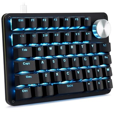 Koolertron One Handed Mechanical Gaming Keyboard with 24 Macro Keys 45Key Fully Programmable Mini Keypad Mini USB Macro Keyboard with Rotating Knob Blue Backlit for Windows PC Gamers