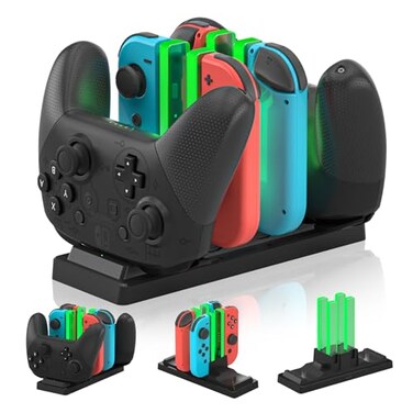 HEATFUN Controller Charger Dock for Nintendo Switch 6 in 1 Charging Station for 4 JoyCons 2 Pro Controllers LED Indicator Quick USB Charging Not Compatible with Switch 2 Joycon