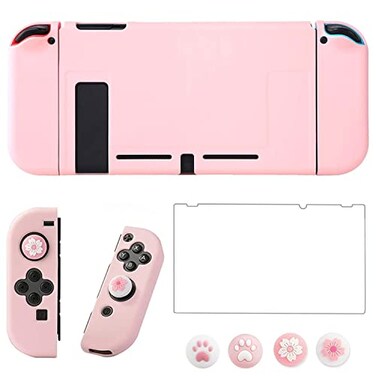 OLDZHU Pink Dockable Protective Case Cover Compatible with Nintendo Switch JoyCon Controllerswith Glass Screen Protector and 4 Thumb GripsShockAbsorption and AntiScratch Pink