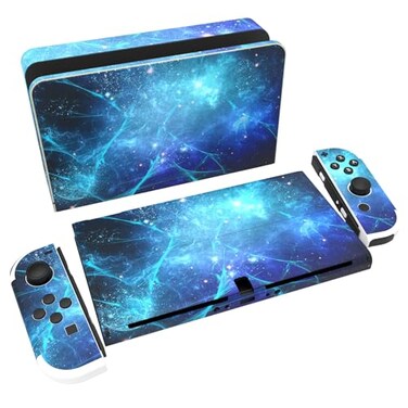 playvital PlayVital Full Set Protective Stickers for Nintendo Switch OLED Model Customized Vinyl Decal Skins for Switch OLED Console Joycon Dock Grip Blue Nebula