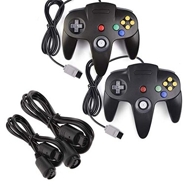 miadore 2 Pack Classic N64 Controllers Black Bundle with 2 Pack 6FT N64 Controller Extension Cable