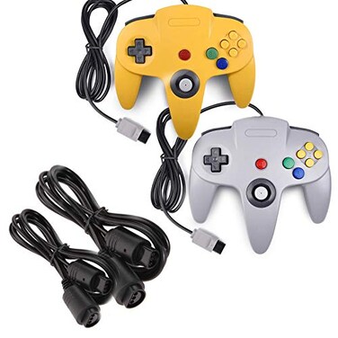 miadore 2 Pack Classic N64 Controllers YellowGray Bundle with 2 Pack 6FT N64 Controller Extension Cable
