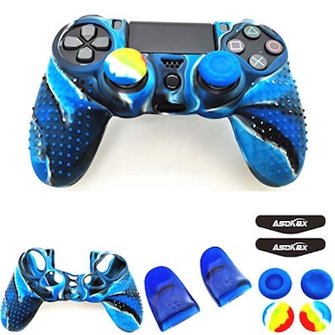 Asokex Silicone Skin Cover for Ps4 Controller 1pc AntiSlip Case 1 Pair L2 R2 Trigger Extender 4pcs Thumb Grips4pcs LED Light Bar Decal Protector for DualShock PS4 SlimPro Controller Blue granular