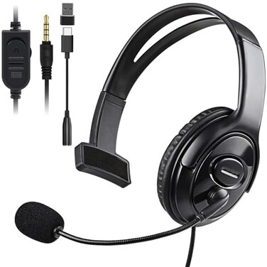 Megadream Wired Single Ear Headset with 35mm Jack USBC USBA Adapter for PS5 PS4 Xbox Switch PC iPhone iPad Android Unilateral Mono Headphone for Gaming Call Center Remote Work Online Classes