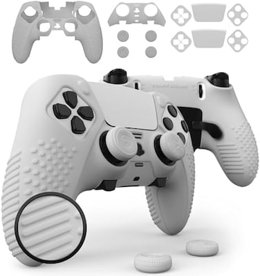 Foamy Lizard Eclipse PS5 Edge Controller Skin Combo Set Dock Compatible Protector Decals AntiSlip Soft Gel Silicone Cover Faceplate Shell Thumb Grips for PlayStation 5 DualSense Edge White