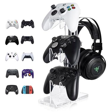 OAPRIRE Controller Stand Headset Stand 3 Tier Acrylic Gaming Controller Holder Compatible with PS4 PS5 PC Xbox Universal Design Clear