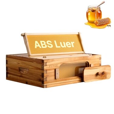 VEVOR 10 Frame Medium Super Bee Hive Box Bee Box Dipped in 100 Beeswax Langstroth Beehive Kit with 10 Frames and Foundations and Transparent Acrylic Windows for Beekeeping Supplement