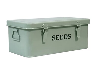 Xbopetda Seed Saving Box Metal Seed Bin Seed Storage Organizer Box Seed Packet Container with Lid Seed Envelope Storage Box 4 Compartments Garden Seed Bin with Safety LocksGreen