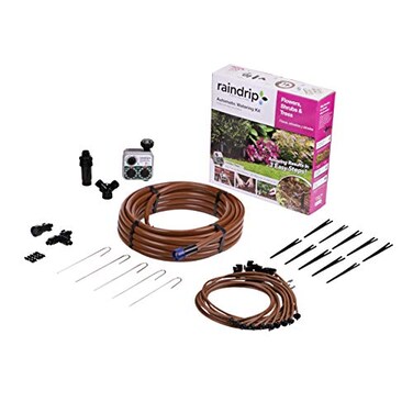 Raindrip SDFSTH1P Automatic Drip Irrigation Watering Kit with Timer for Flowers Shrubs and Trees Waters up to 10 Plants Includes Timer with Customizable Settings 2 GPH Drippers