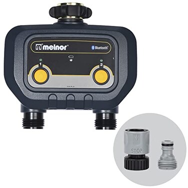 Melnor 65183AMZ Bluetooth Hose Timer 2Zone Programmable Watering Timer Quick Connect Bundle Black Yellow