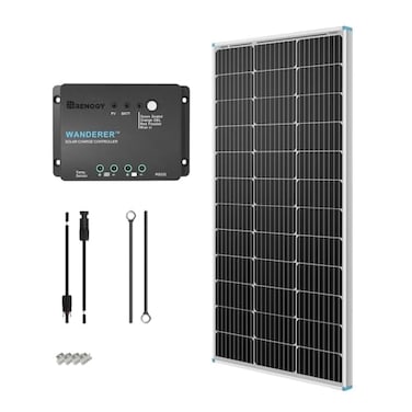 Renogy 100W 12V Solar Panel Starter Kit 100 Watt Monocrystalline Solar Panel 30A LCD PWM Charger Controller Adaptor Kit Tray Cables Z Brackets for RV Camper and Other Off Grid Applications
