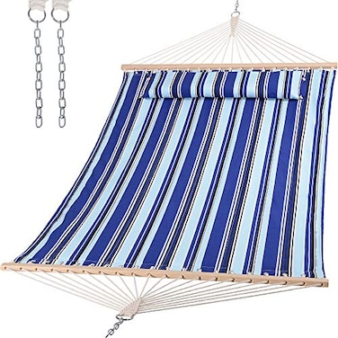 SUNCREAT Hammocks Quilted Fabric Hammock Double Hammock with Spreader Bar Soft Pillow Max 475lbs Capacity Blue Stripes