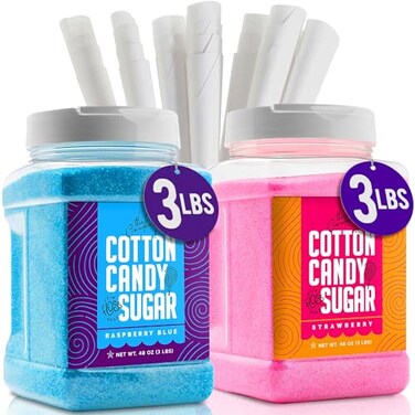 The Candery Cotton Candy Floss Sugar 2Pack Includes 100 Premium Cones Raspberry Blue and Strawberry Plastic Reusable Jars Easy Pour Spout or Scoop Includes Scooper 3 LBS Jars