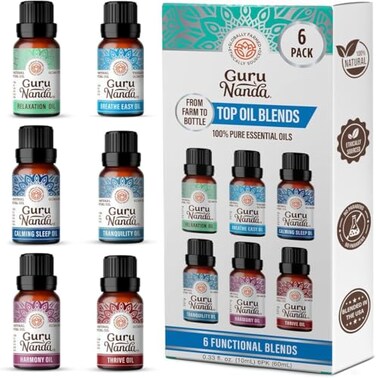 GuruNanda Essential Oil Blends 6 Pack 10mL Each Breathe Easy Tranquility Relaxation Harmony Calming Sleep Thrive Natural Aromatherapy Oils for Diffuser Wellness DIY
