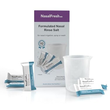 NASALFRESH MD NasalFresh MD Saline Packets Quick Dissolving Single Use PreMeasured Nasal Irrigation Individually Wrapped 375g13oz 90 Count Refill Packets 300mL Cup