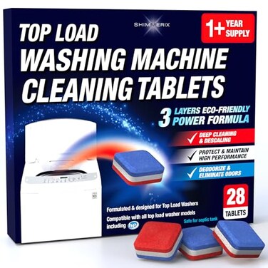 SHIMMERIX Washing Machine Cleaner Tablets 28 Pack for HE Top Load Eco Friendly Washer Machine Cleaning Tablets 3 Layers Septic Safe Wash Machine Full Deodorizer Descaler Protector 1 Plus Year Supply