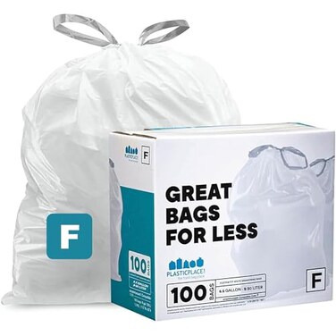Plasticplace Custom Fit Trash Bags Compatible with simplehuman Code F 100 Count White Drawstring Garbage Liners 65 Gallon 25 Liters 2175 x 20