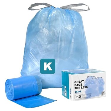 Plasticplace Custom Fit Trash Bags Compatible with simplehuman Code K 50 Count Tinted Blue Drawstring Garbage Liners 10 Gallon 38 Liters 24 x 28